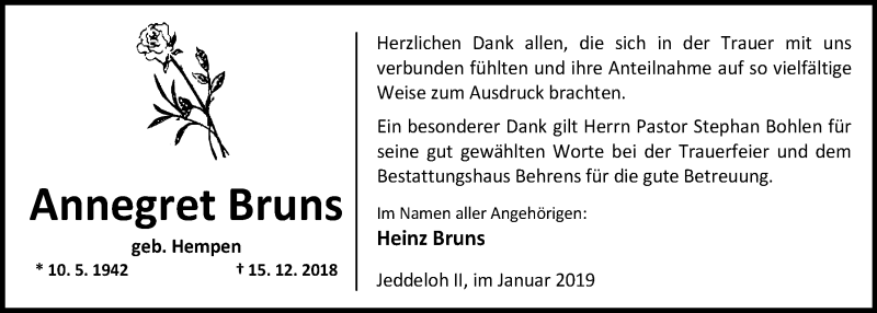  Traueranzeige für Annegret Bruns vom 26.01.2019 aus Nordwest-Zeitung