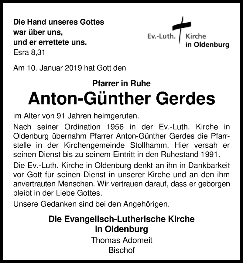  Traueranzeige für Anton-Günther Gerdes vom 12.01.2019 aus Nordwest-Zeitung