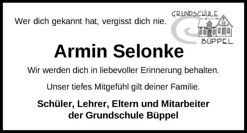 Traueranzeige für Armin Selonke vom 16.01.2019 aus Nordwest-Zeitung