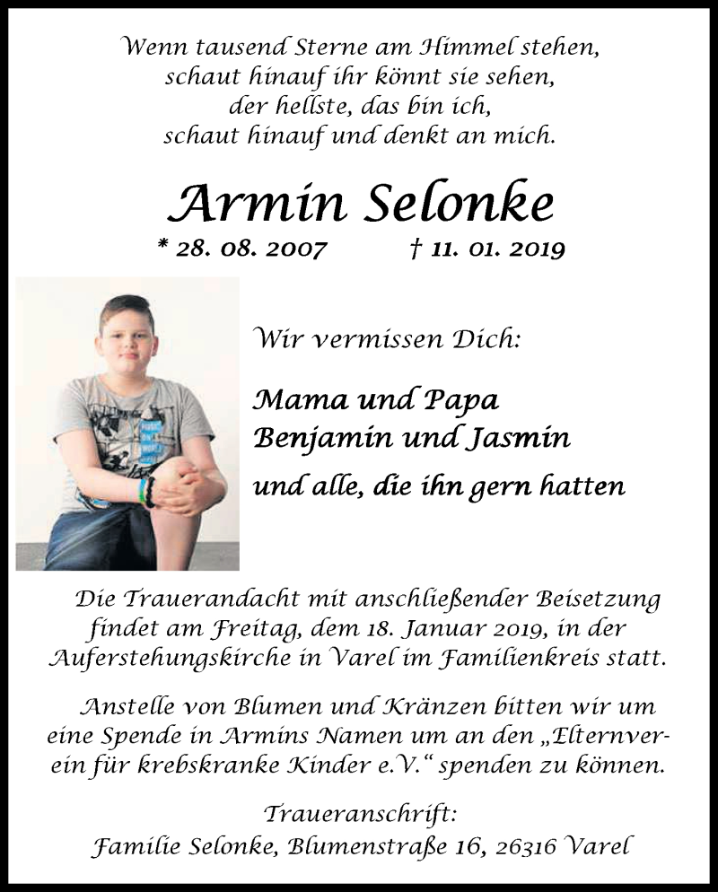  Traueranzeige für Armin Selonke vom 15.01.2019 aus Nordwest-Zeitung