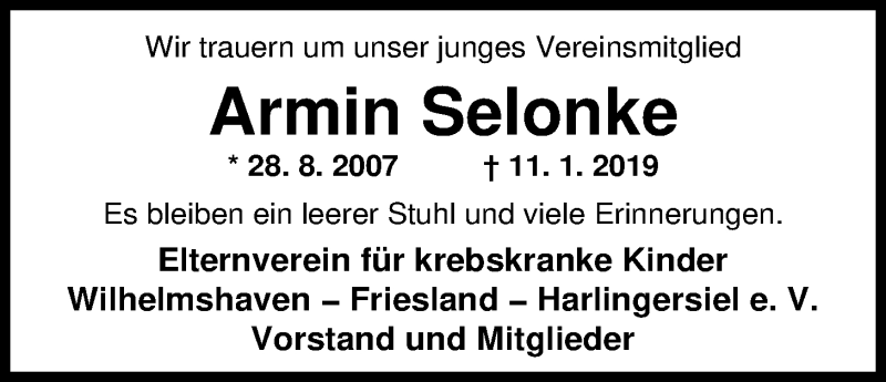  Traueranzeige für Armin Selonke vom 17.01.2019 aus Nordwest-Zeitung