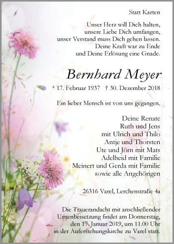 Traueranzeige von Bernhard Meyer von Nordwest-Zeitung