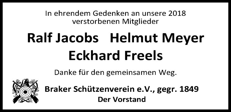  Traueranzeige für Braker Schützenverein e.V. gedenkt vom 12.01.2019 aus Nordwest-Zeitung