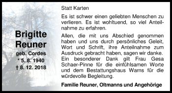Traueranzeige von Brigitte Reuner von Nordwest-Zeitung