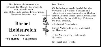Traueranzeige von Bärbel Heidenreich von Nordwest-Zeitung