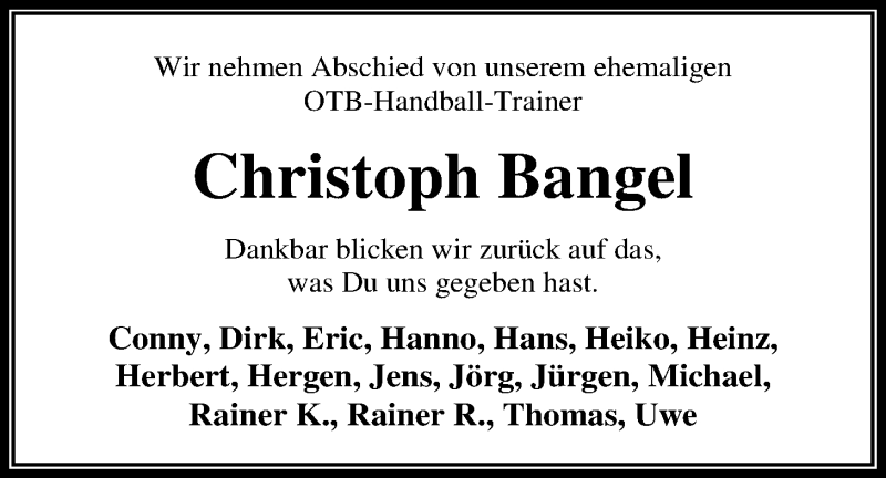  Traueranzeige für Christoph Bangel vom 08.01.2019 aus Nordwest-Zeitung