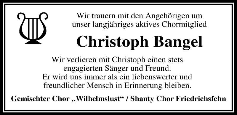  Traueranzeige für Christoph Bangel vom 05.01.2019 aus Nordwest-Zeitung