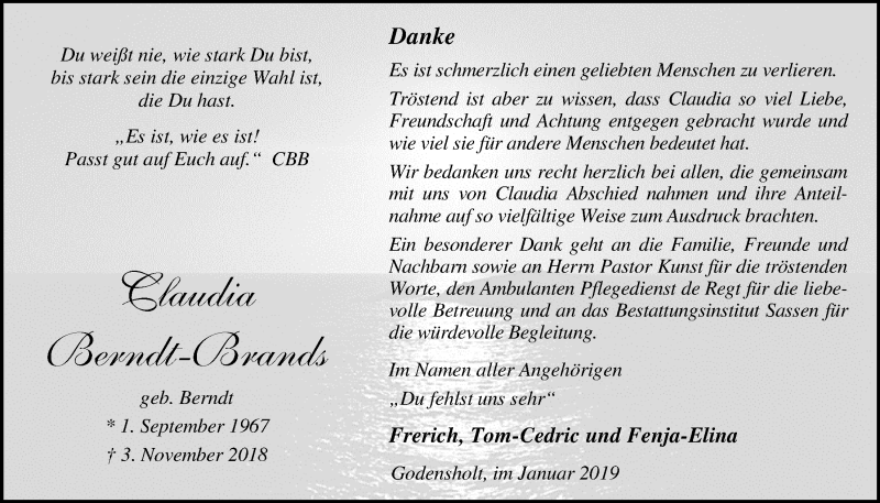 Traueranzeige für Claudia Berndt-Brands vom 12.01.2019 aus Nordwest-Zeitung