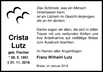 Traueranzeige von Crista Lutz von Nordwest-Zeitung