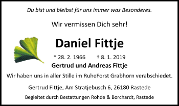 Traueranzeige von Daniel Fittje von Nordwest-Zeitung