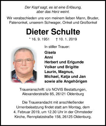 Traueranzeige von Dieter Schulte von Nordwest-Zeitung