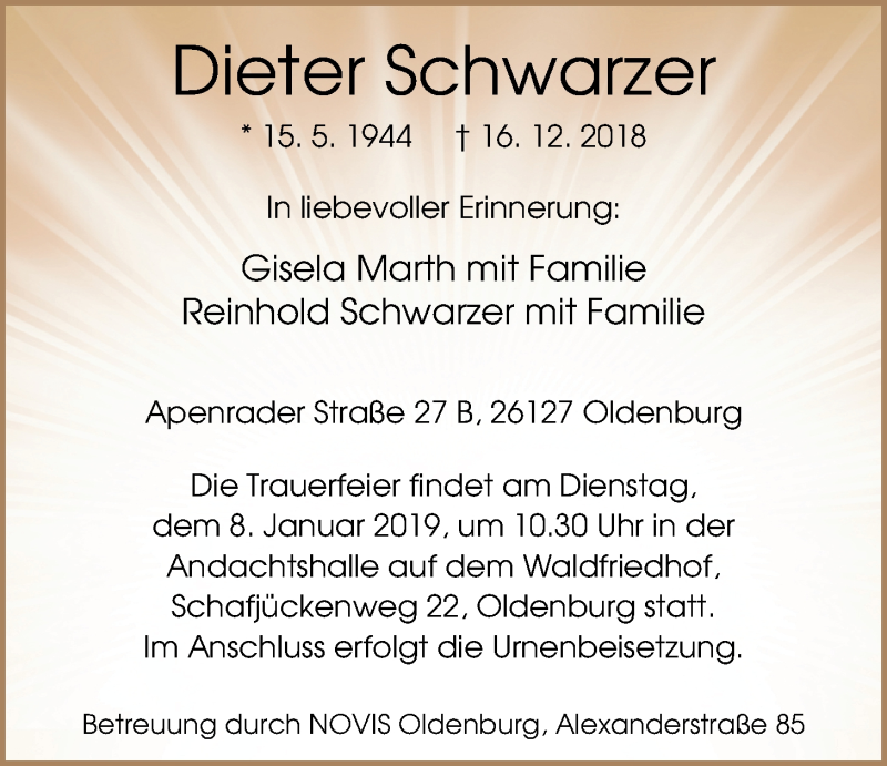 Traueranzeige für Dieter Schwarzer vom 04.01.2019 aus Nordwest-Zeitung