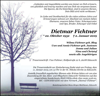 Traueranzeige von Dietmar Fichtner von Nordwest-Zeitung