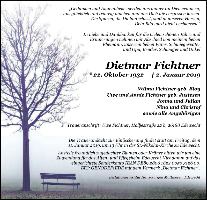  Traueranzeige für Dietmar Fichtner vom 07.01.2019 aus Nordwest-Zeitung