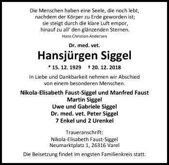 Traueranzeige von Dr. Hansjürgen Siggel von Nordwest-Zeitung