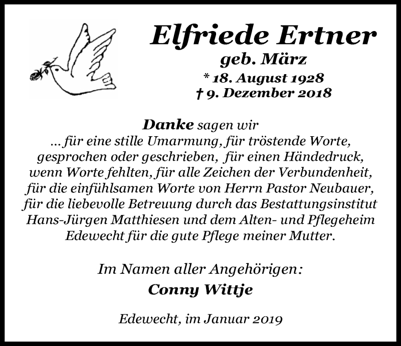  Traueranzeige für Elfriede Ertner vom 12.01.2019 aus Nordwest-Zeitung