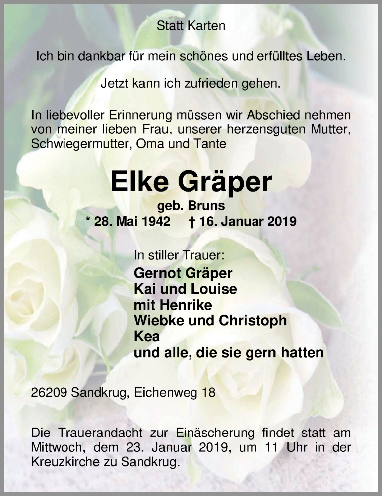  Traueranzeige für Elke Gräper vom 18.01.2019 aus Nordwest-Zeitung