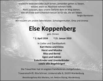 Traueranzeige von Else Koppenberg von Nordwest-Zeitung