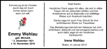 Traueranzeige von Emmy Wehlau von Nordwest-Zeitung
