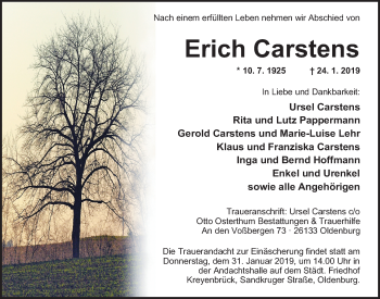 Traueranzeige von Erich Carstens von Nordwest-Zeitung