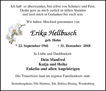 Traueranzeige von Erika Hellbusch von Nordwest-Zeitung