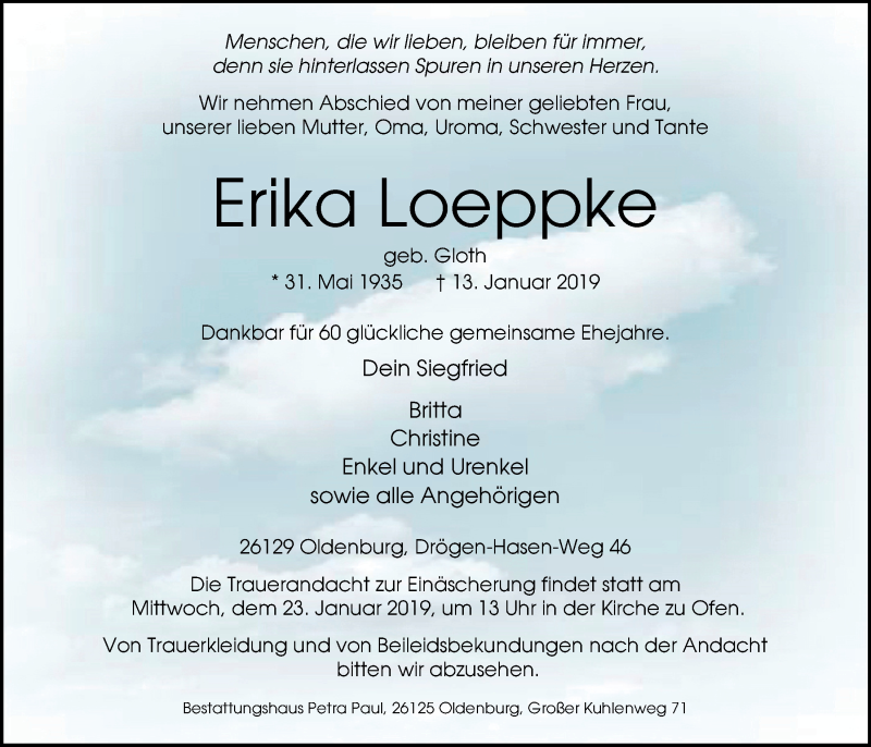  Traueranzeige für Erika Loeppke vom 19.01.2019 aus Nordwest-Zeitung