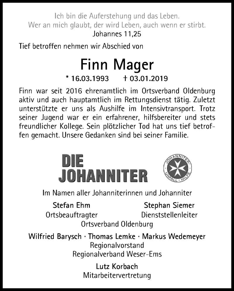  Traueranzeige für Finn Mager vom 14.01.2019 aus Nordwest-Zeitung