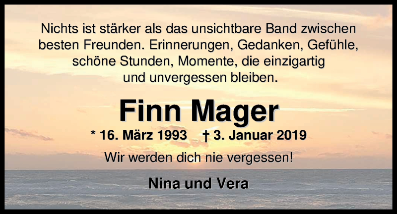  Traueranzeige für Finn Mager vom 11.01.2019 aus Nordwest-Zeitung