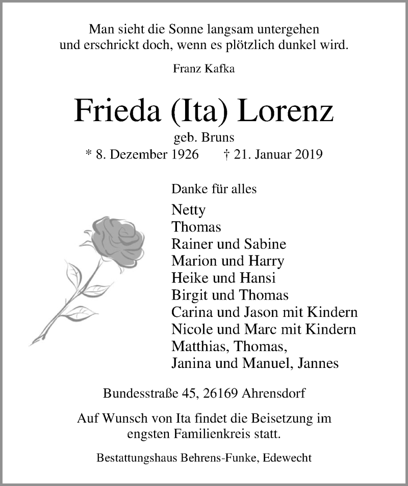  Traueranzeige für Frieda (Ita) Lorenz vom 25.01.2019 aus Nordwest-Zeitung