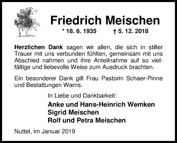 Traueranzeige von Friedrich Meischen von Nordwest-Zeitung