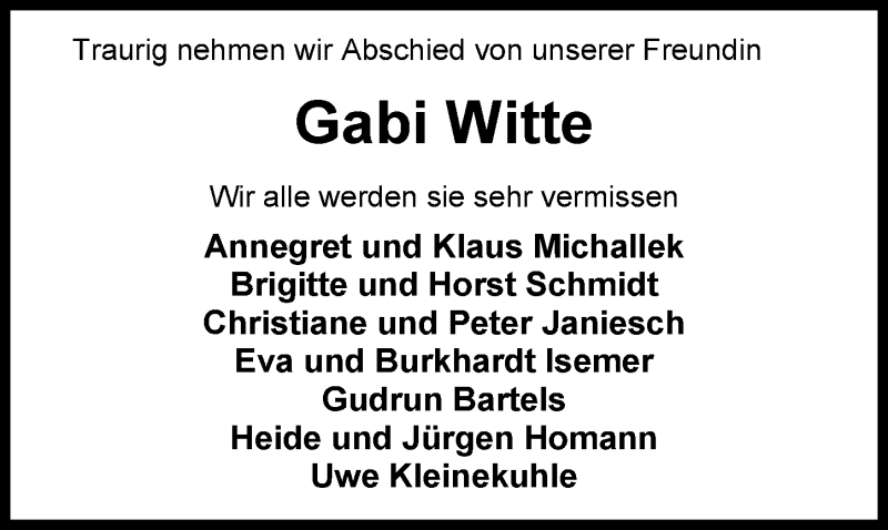  Traueranzeige für Gabriele Witte vom 12.01.2019 aus Nordwest-Zeitung