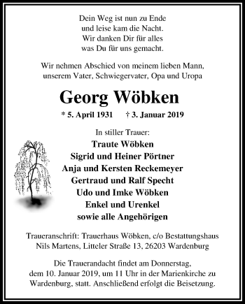 Traueranzeige von Georg Wöbken von Nordwest-Zeitung