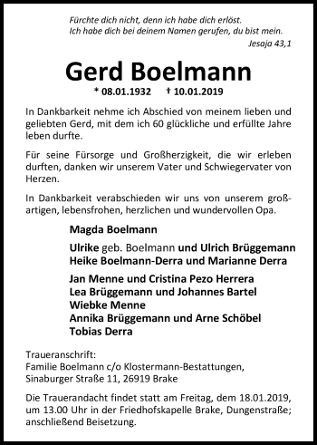 Traueranzeige von Gerd Boelmann von Nordwest-Zeitung