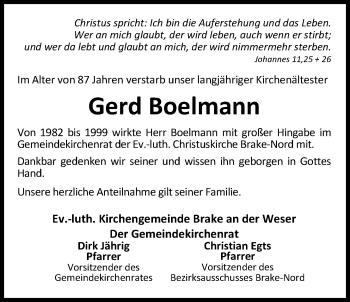 Traueranzeige von Gerd Boelmann von Nordwest-Zeitung