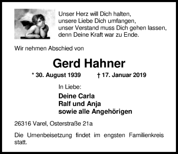Traueranzeige von Gerd Hahner von Nordwest-Zeitung