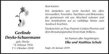 Traueranzeige von Gerlinde Deyke-Schuermann von Nordwest-Zeitung