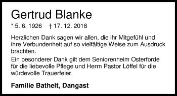 Traueranzeige von Gertrud Blanke von Nordwest-Zeitung