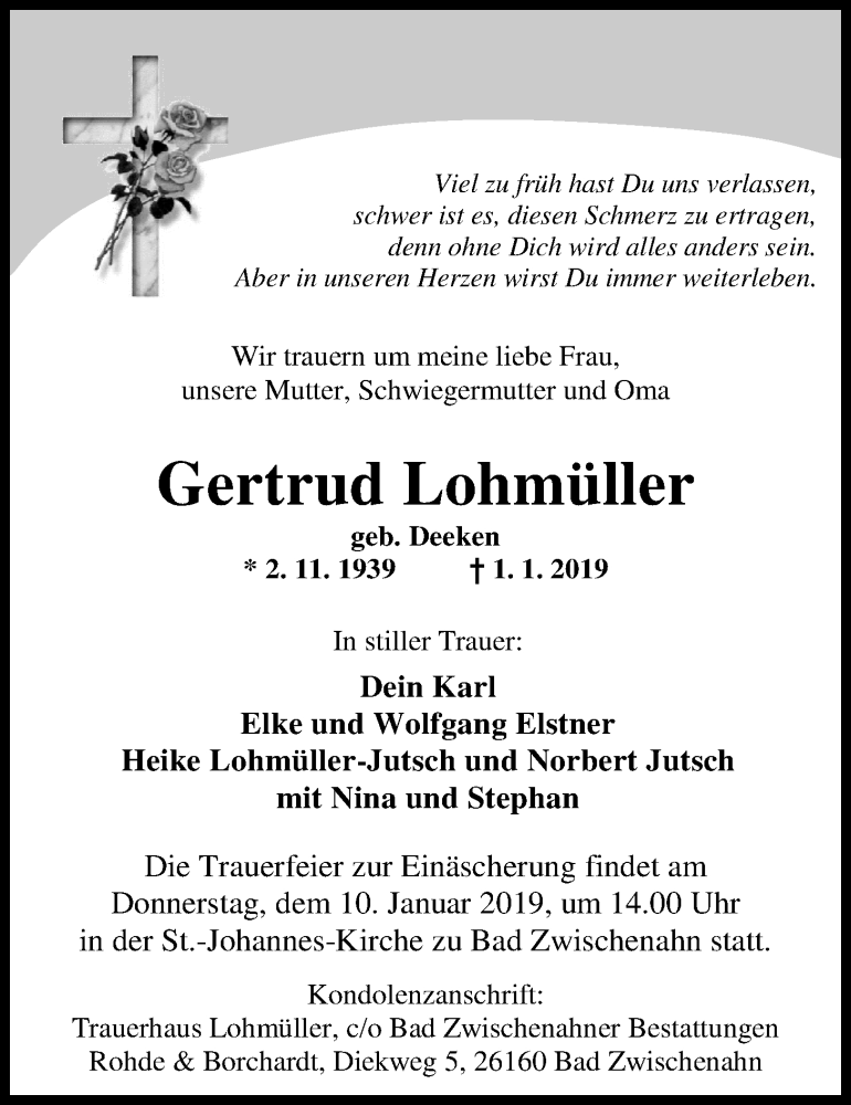  Traueranzeige für Gertrud Lohmüller vom 04.01.2019 aus Nordwest-Zeitung