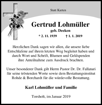 Traueranzeige von Gertrud Lohmüller von Nordwest-Zeitung