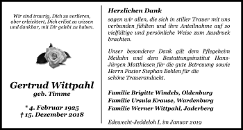 Traueranzeige von Gertrud Wittpahl von Nordwest-Zeitung
