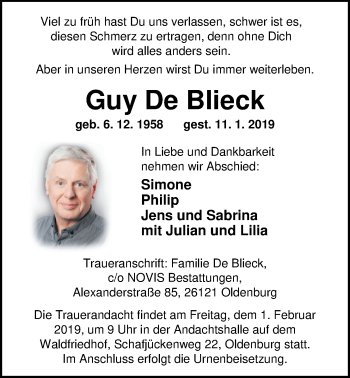 Traueranzeige von Guy De Blieck von Nordwest-Zeitung