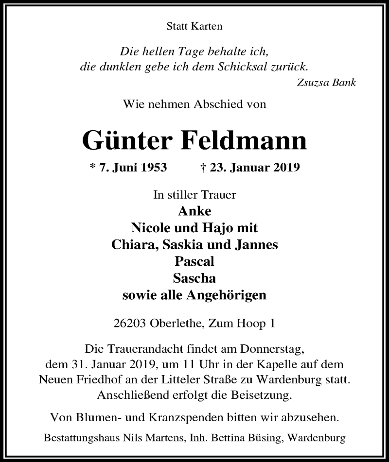  Traueranzeige für Günter Feldmann vom 28.01.2019 aus Nordwest-Zeitung