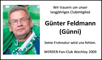 Traueranzeige von Günter Feldmann von Nordwest-Zeitung