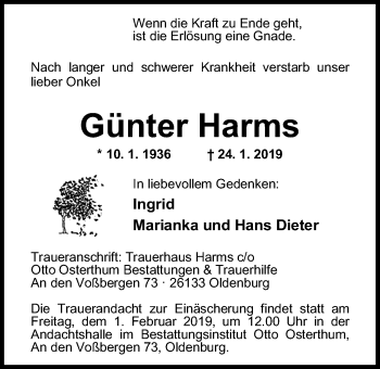 Traueranzeige von Günter Harms von Nordwest-Zeitung