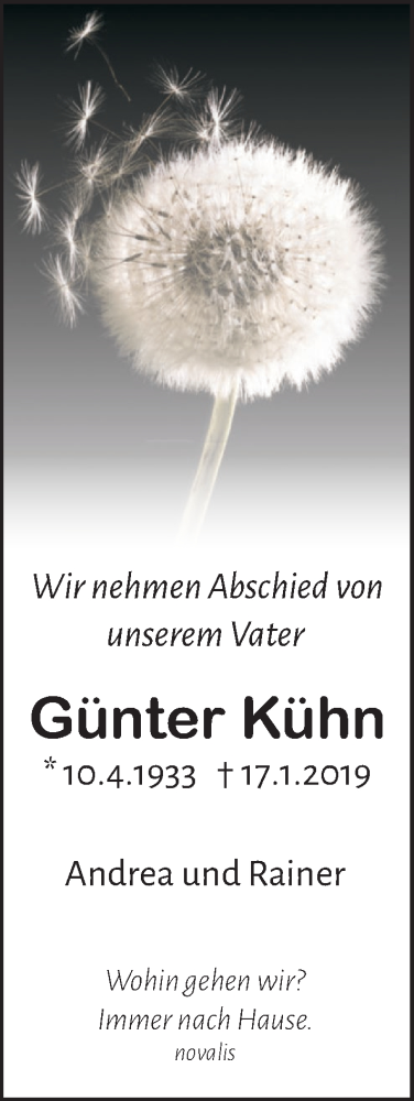  Traueranzeige für Günter Kühn vom 23.01.2019 aus Nordwest-Zeitung