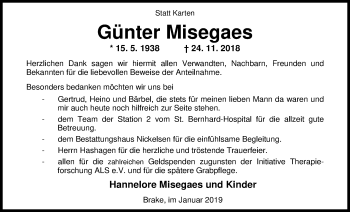 Traueranzeige von Günter Misegaes von Nordwest-Zeitung