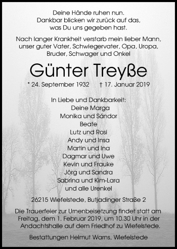 Traueranzeige von Günter Treyße von Nordwest-Zeitung