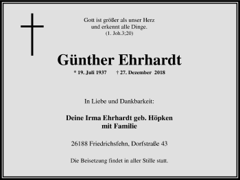 Traueranzeige von Günther Ehrhardt von Nordwest-Zeitung