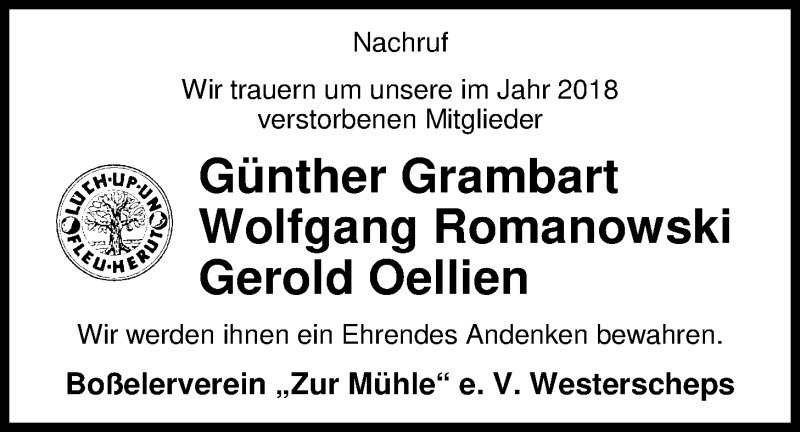  Traueranzeige für Günther Grambart vom 16.01.2019 aus Nordwest-Zeitung