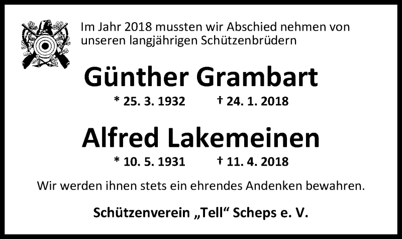  Traueranzeige für Günther Grambart vom 05.01.2019 aus Nordwest-Zeitung